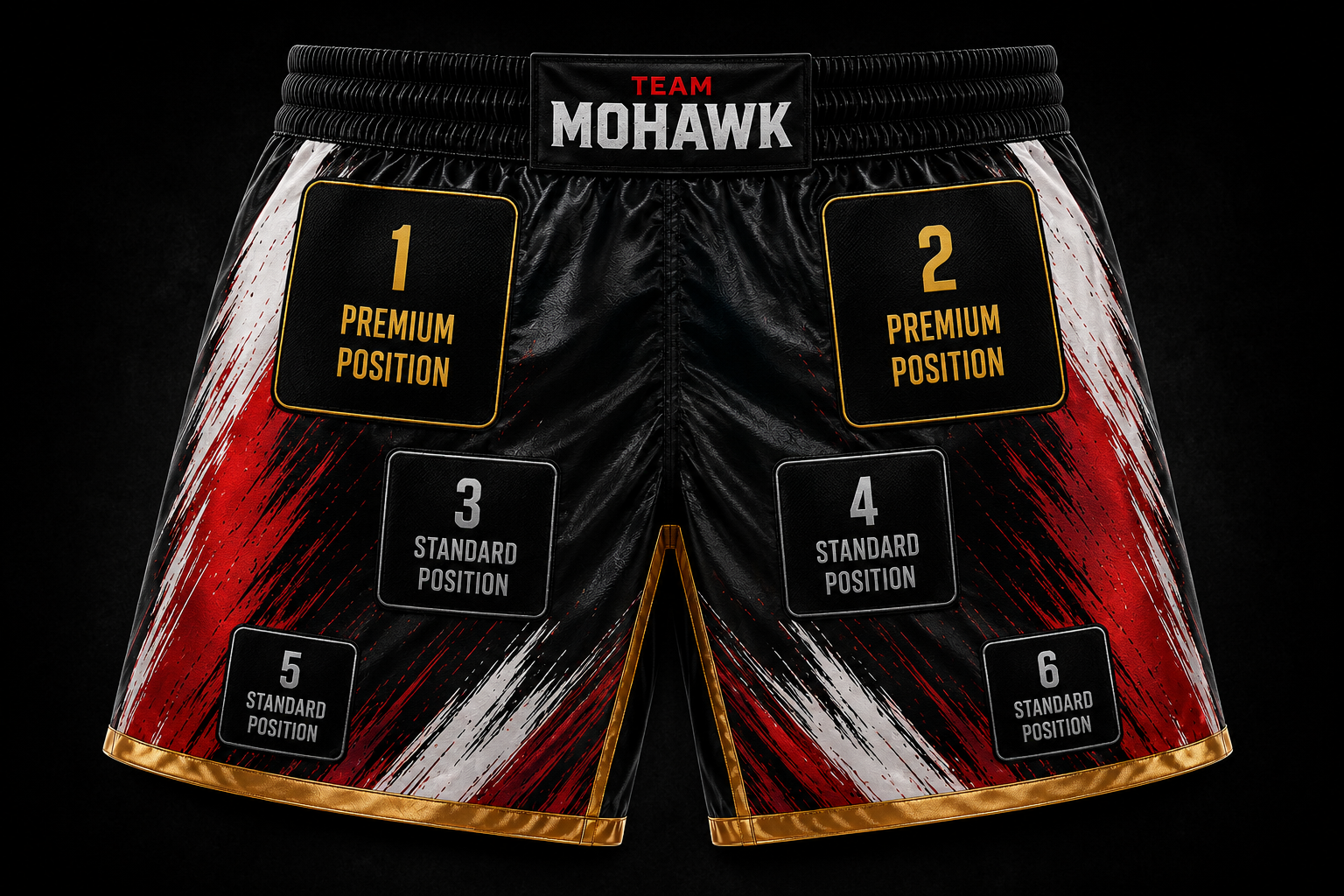 Team Mohawk fight shorts showing six sponsor placement positions